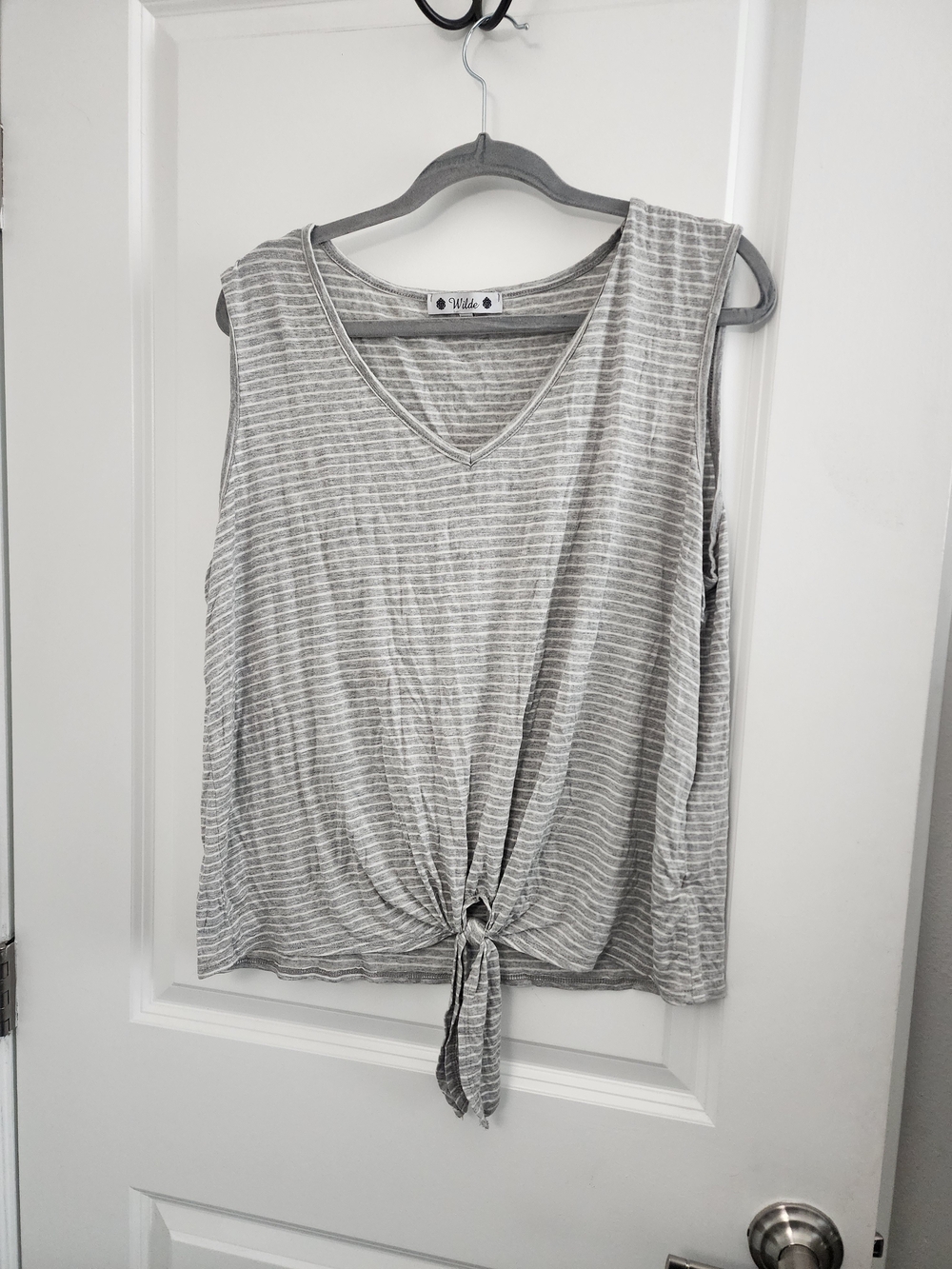 5/$30 V-Neck Striped Tie-Front Tank Top — Gray
